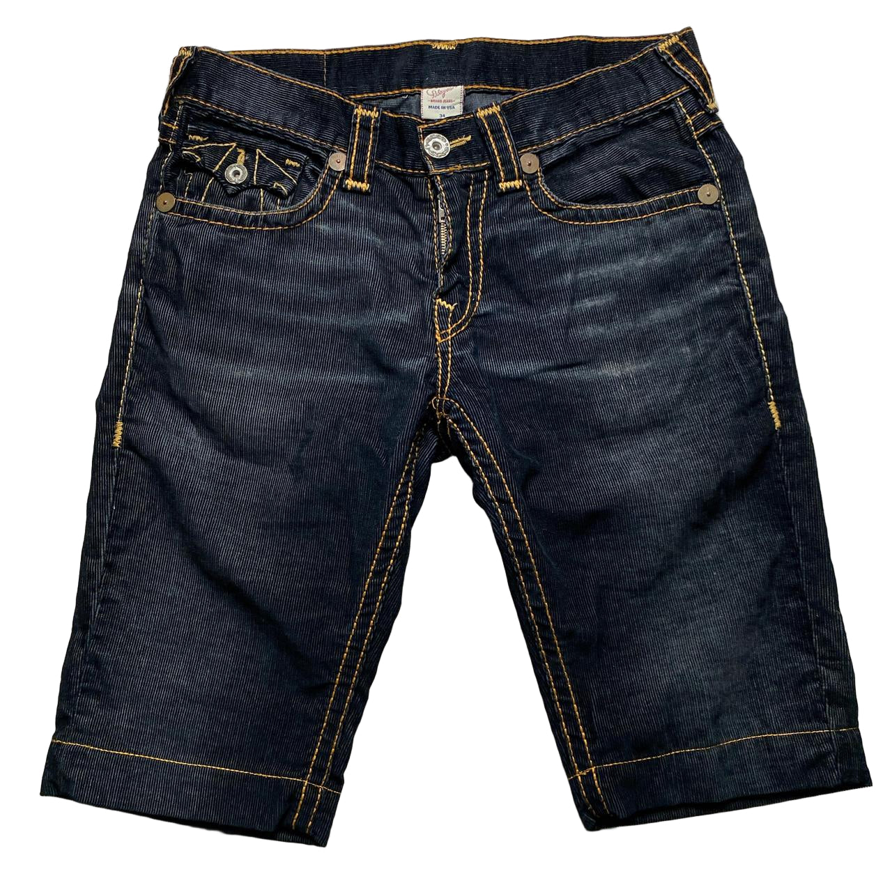 True Religion Corduroy Black and Gold Stitch Jorts Jean Shorts (34W)