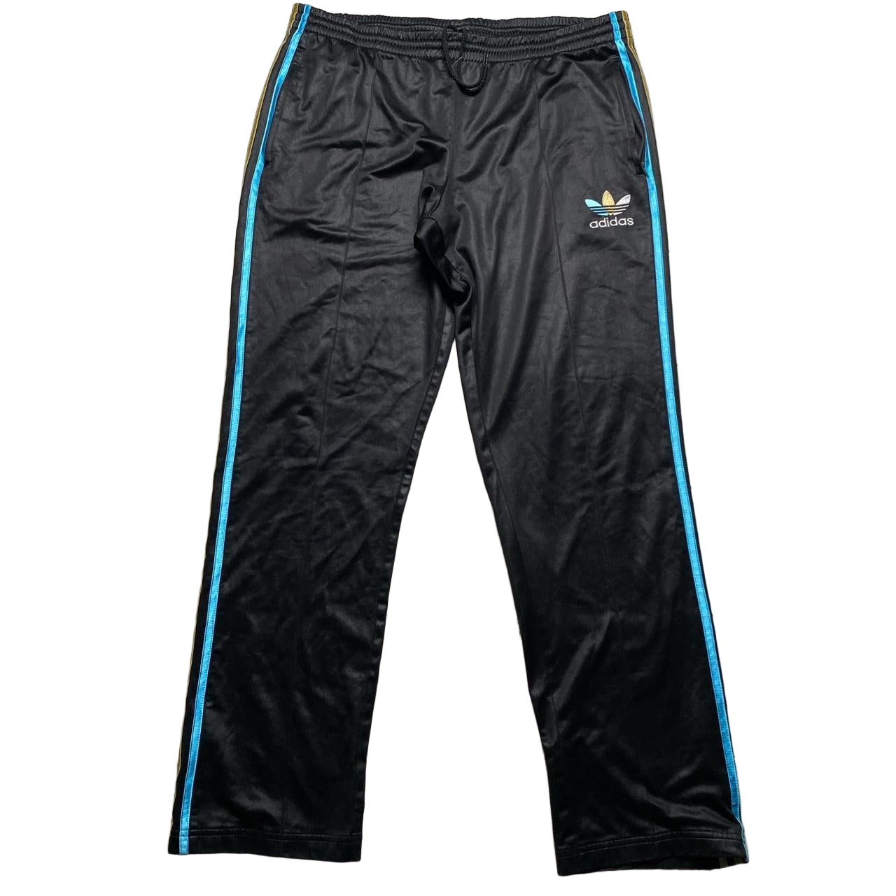 Adidas Chile 62 Vintage Satin Black Gold Silver and Blue Stripes Bottoms (L)