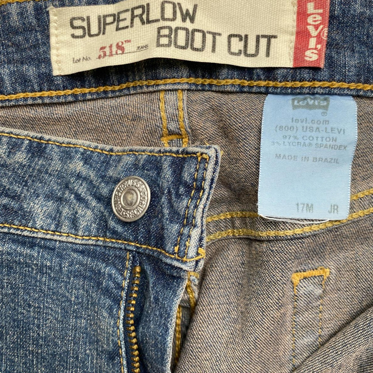 Levis 518 Super Low Bootcut Baggy Blue Faded Stonewash Jeans (38W)