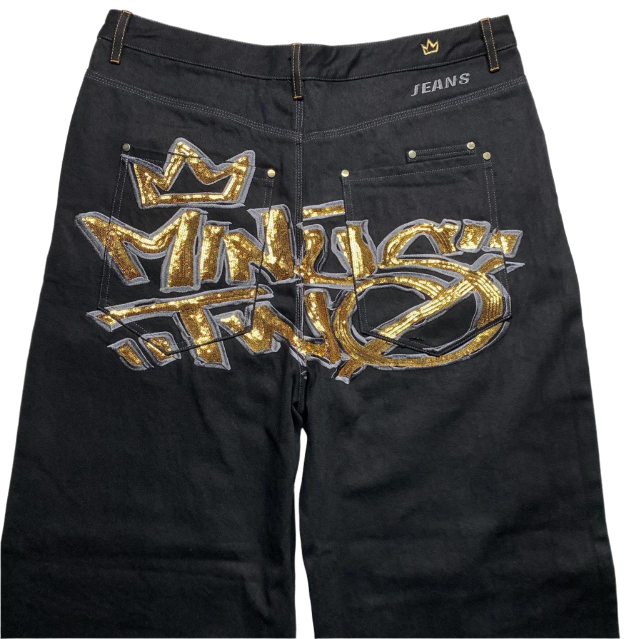 Minus Two Super Baggy Black and Gold Sequin Embroidery Jeans (38W)