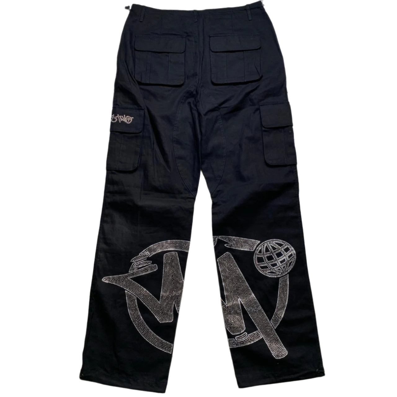 Minus Two Rhinestone Diamante Silver Black Cargo Trousers (XL)