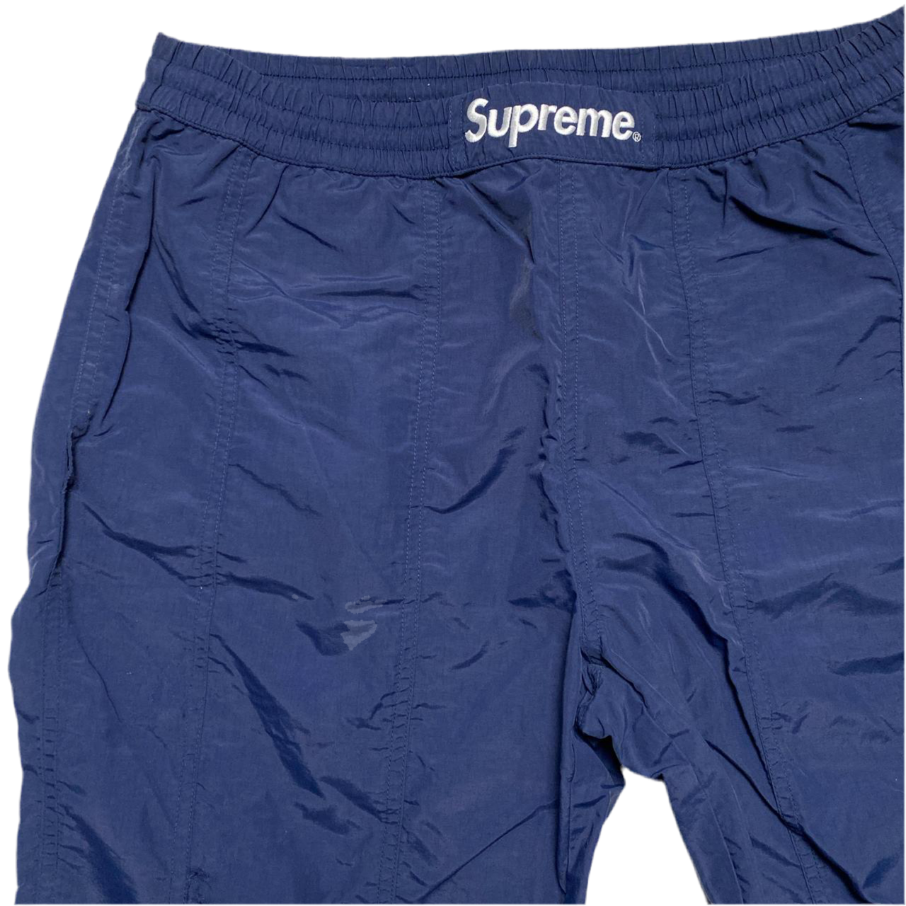 Supreme Navy and White Shell Nylon Baggy Bottoms (M)