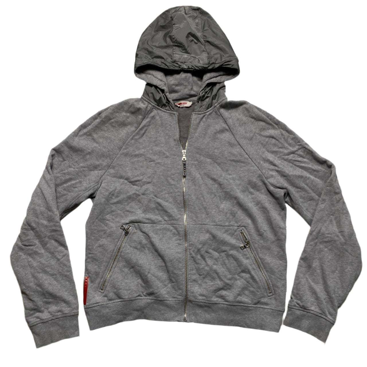 Prada Sport Red Tab Vintage Grey Hoodie Nylon Hood (XL)