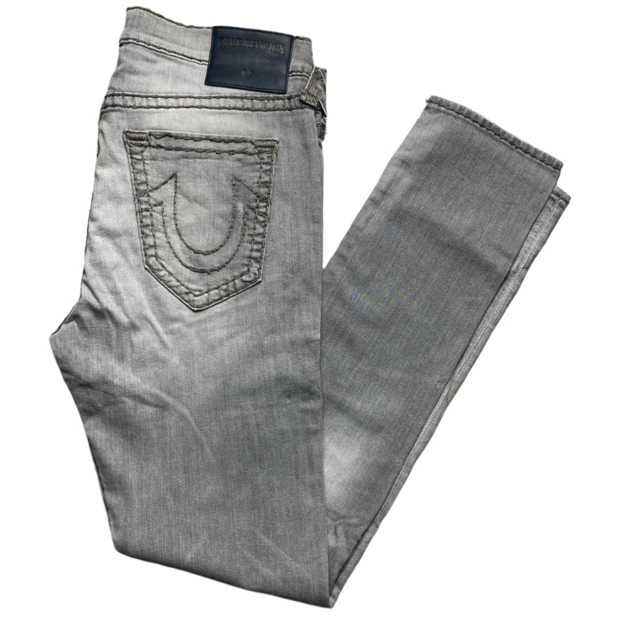 True Religion Rocco Distressed Light Grey Stitch Jeans (36W)