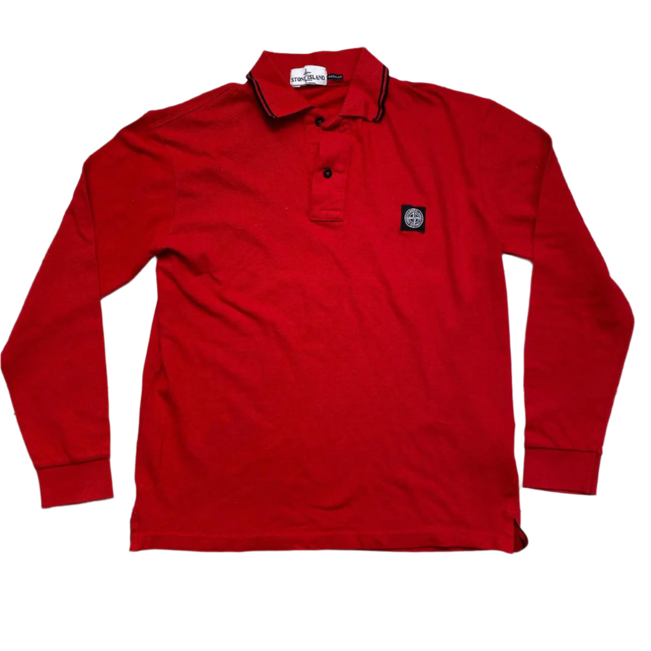 Stone Island Red and Black Square Patch Long Sleeve Polo Shirt