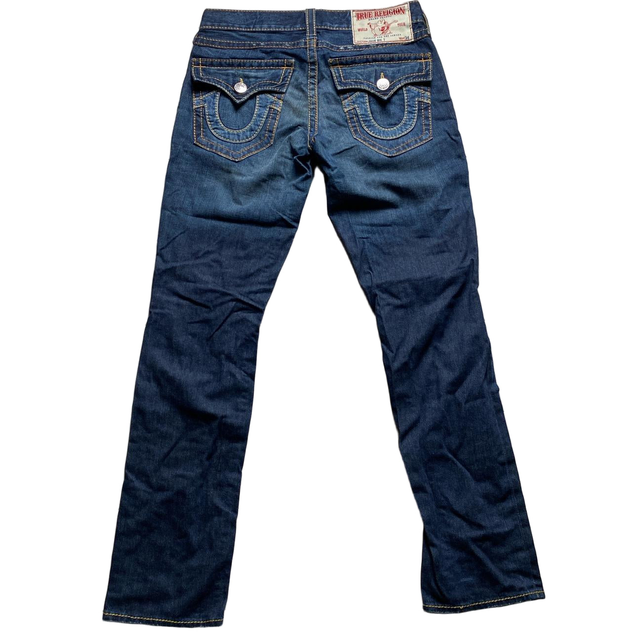 True Religion Jack Big T Navy and Gold Yellow Stitch Jeans (32W)
