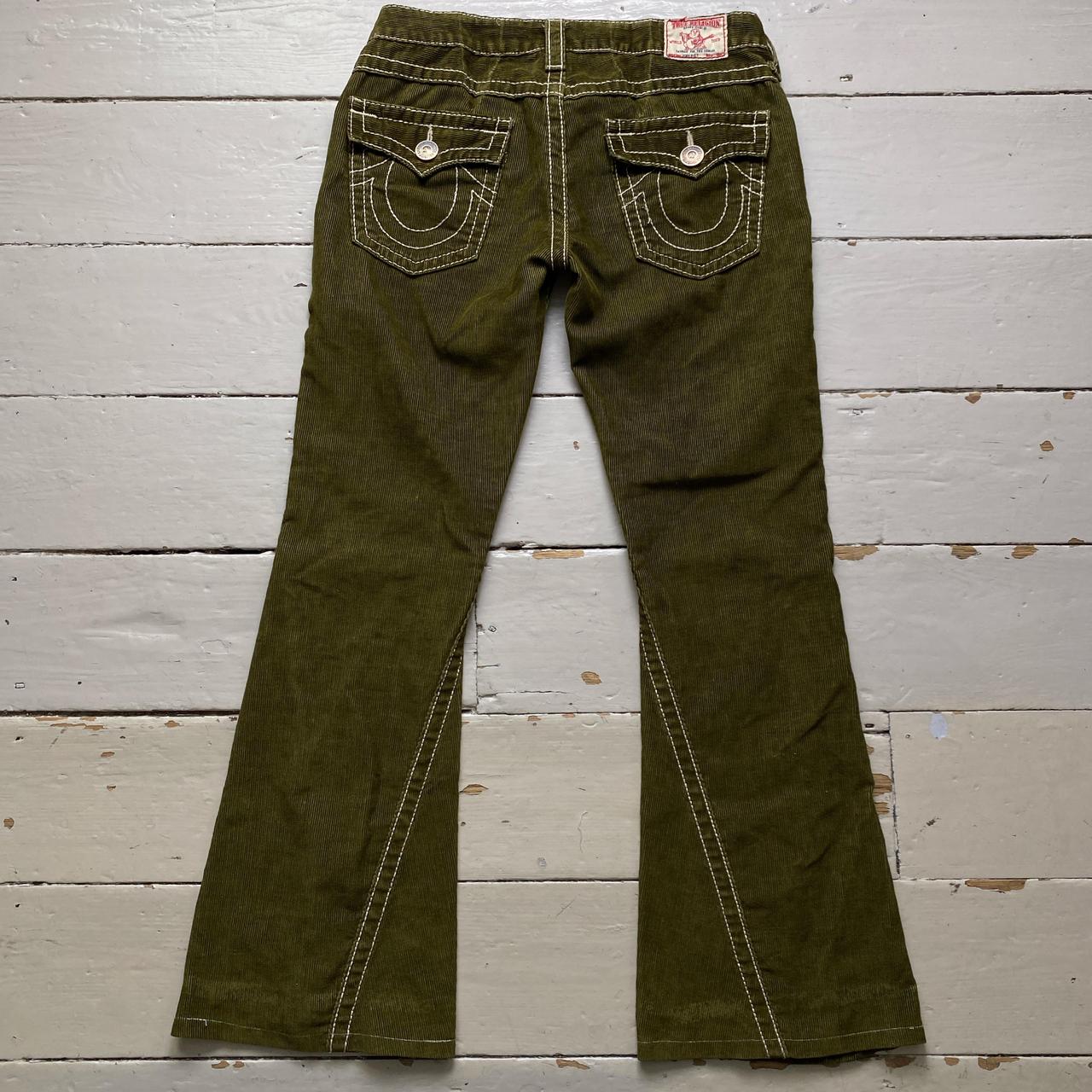 True Religion Joey Big T Big Stitch Olive Green and White Corduroy Flared Jeans