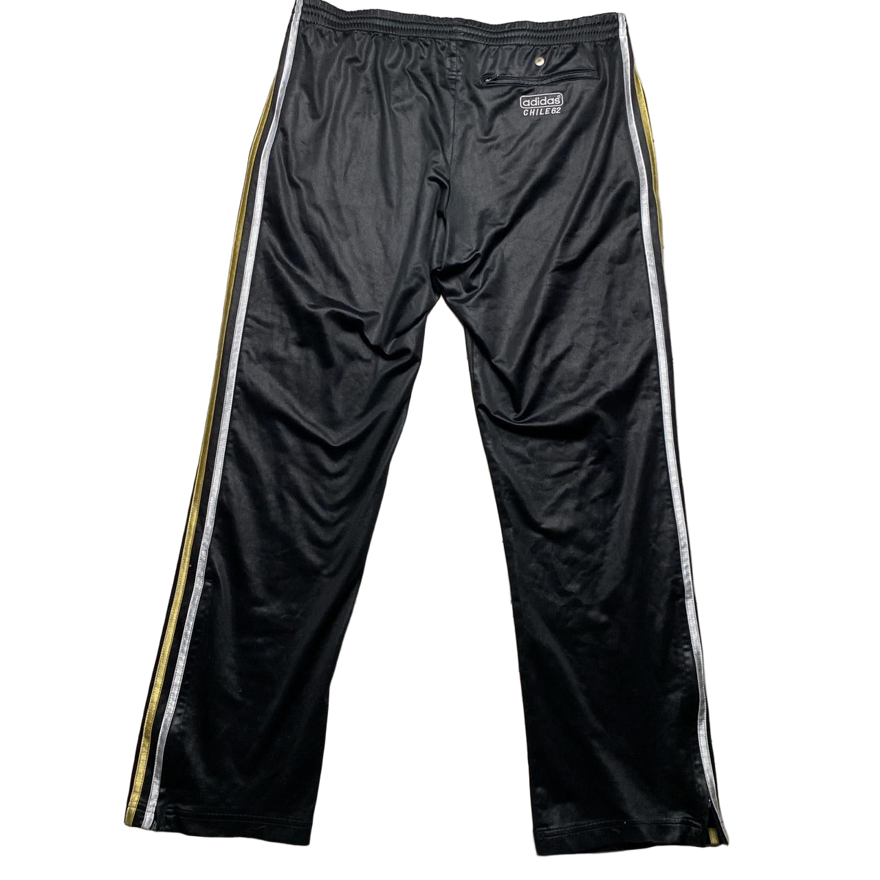 Adidas Chile 62 Vintage Satin Black Gold Silver and Blue Stripes Bottoms (L)