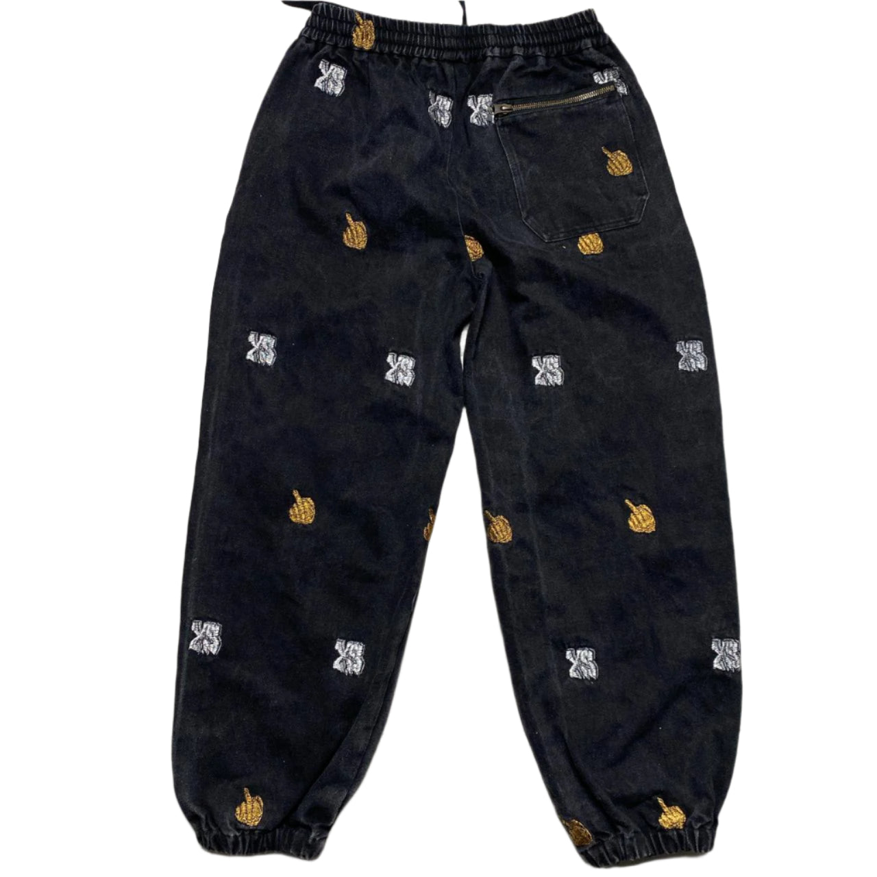 Yardsale Skateboards Black White and Gold Middle Fingers Denim Joggers (M)