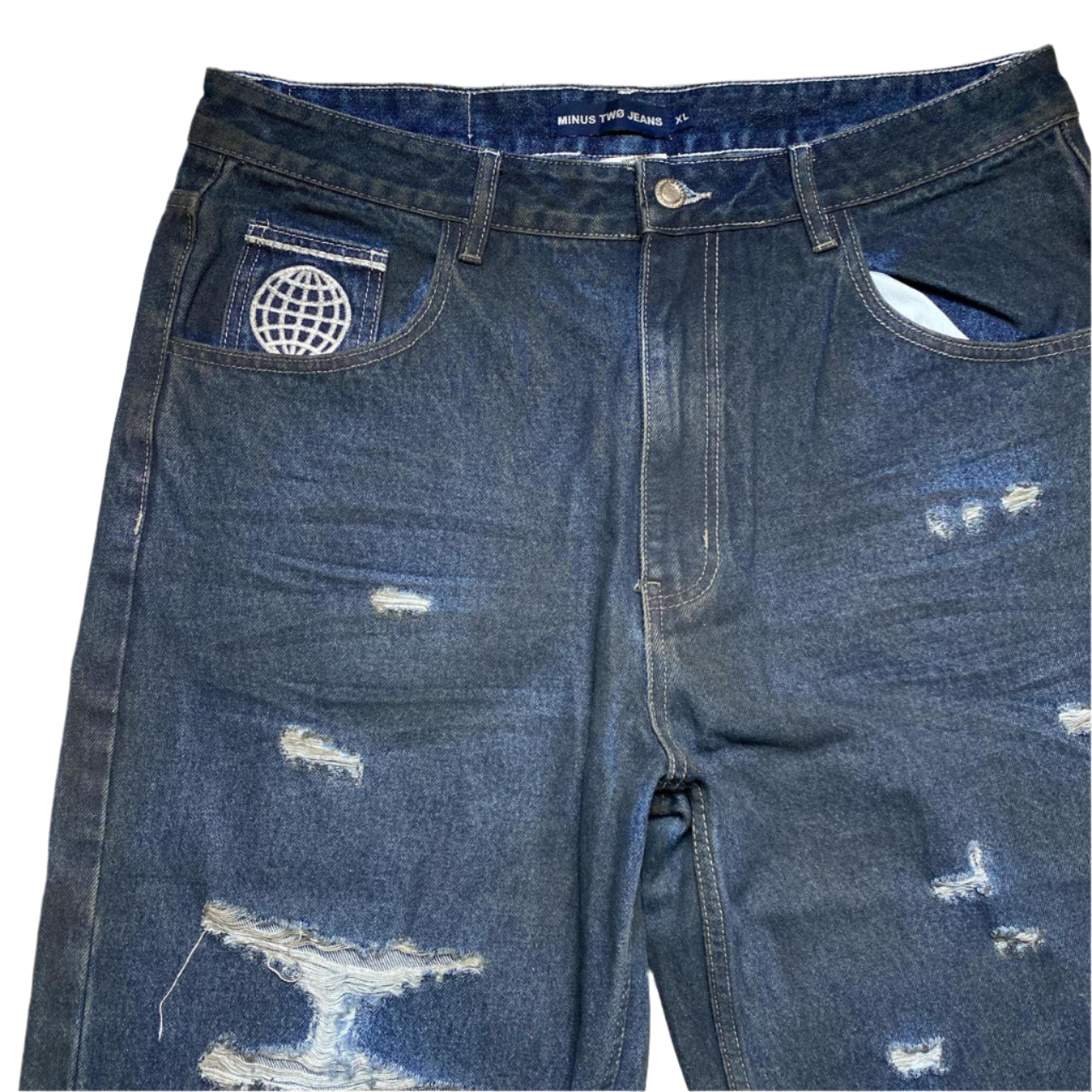 Minus Two Baggy Distressed Navy Jeans (36W)