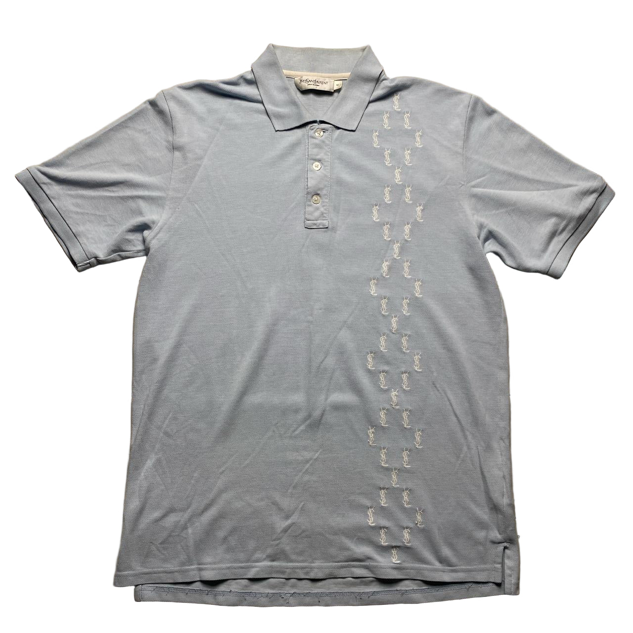 Yves Saint Laurent Vintage Light Blue and White Multi YSL Logo Polo Shirt (M)