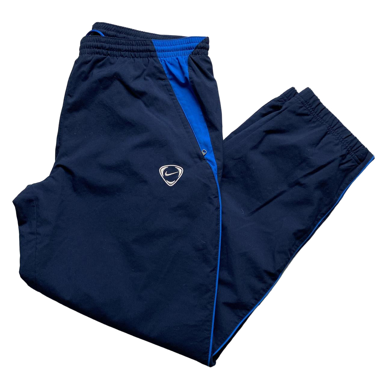 Nike Total 90 Vintage Navy and Blue White Swoosh Baggy Shell Trackpant Bottoms (L)