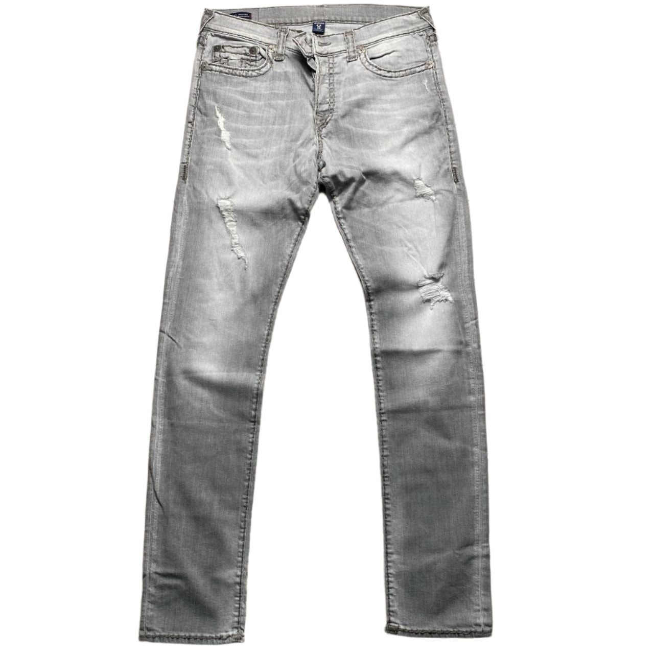 True Religion Rocco Distressed Light Grey Stitch Jeans (36W)