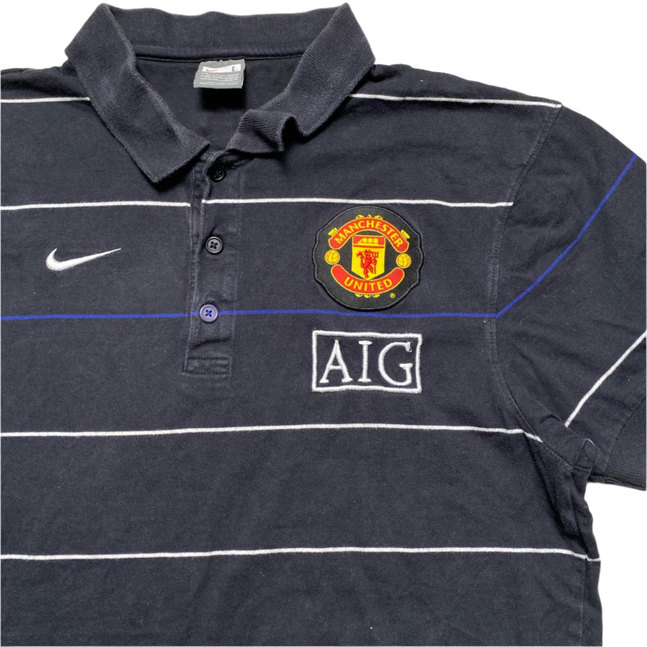 Nike Manchester United Vintage AIG 2007 2008 Black Blue and White Stripe Polo Shirt (L)