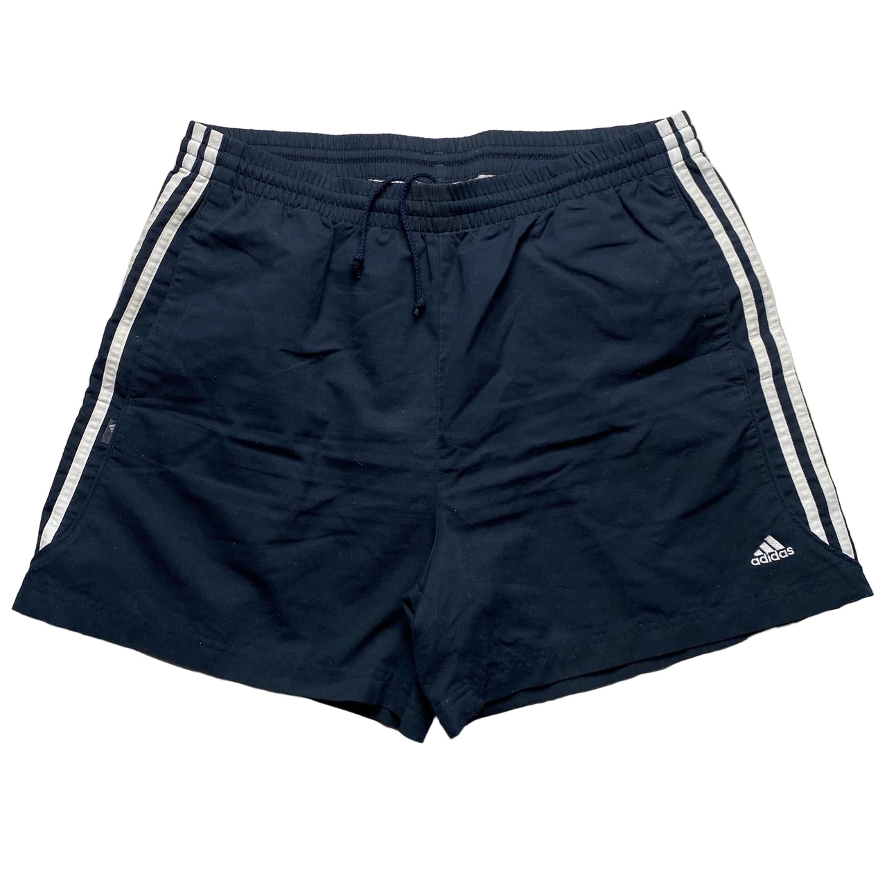 Adidas Navy and White Stripe Shell Shorts (XL)