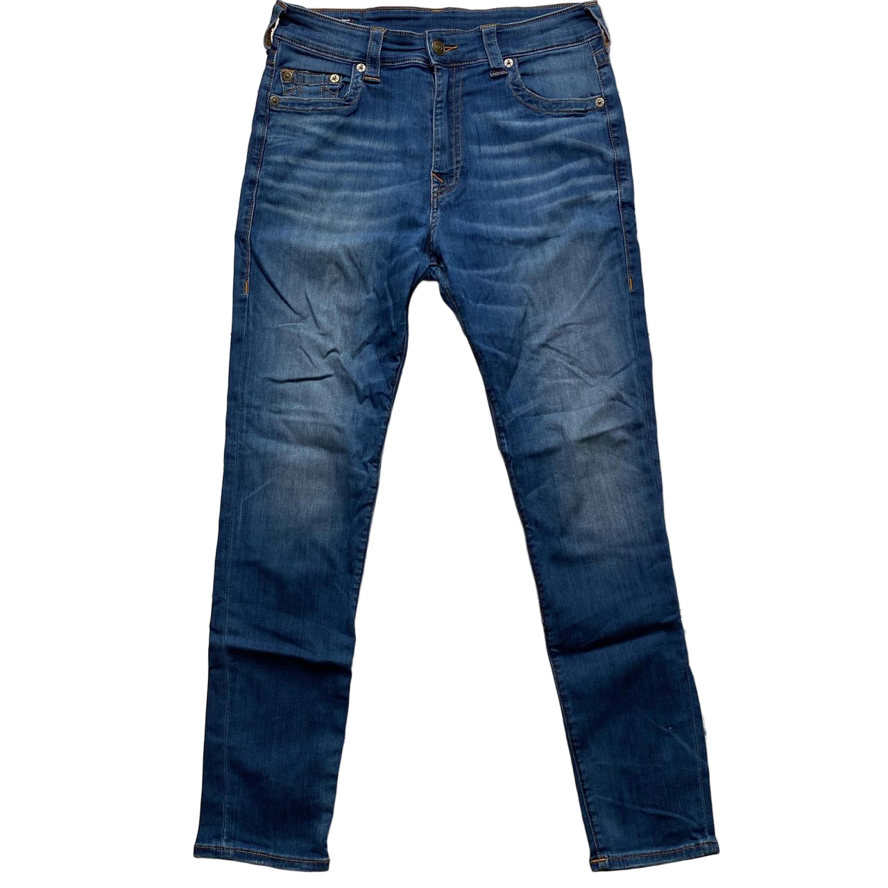 True Religion Jack Slim Blue and Gold Stitch Jeans (33W)
