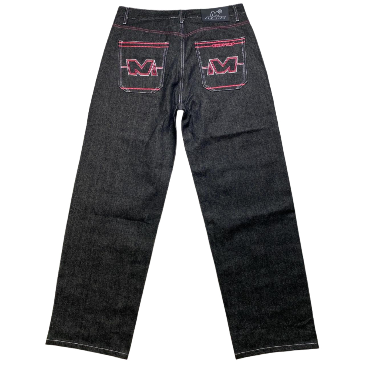 Minus Two Dark Grey Pink Embroidery Baggy Jeans (36W)