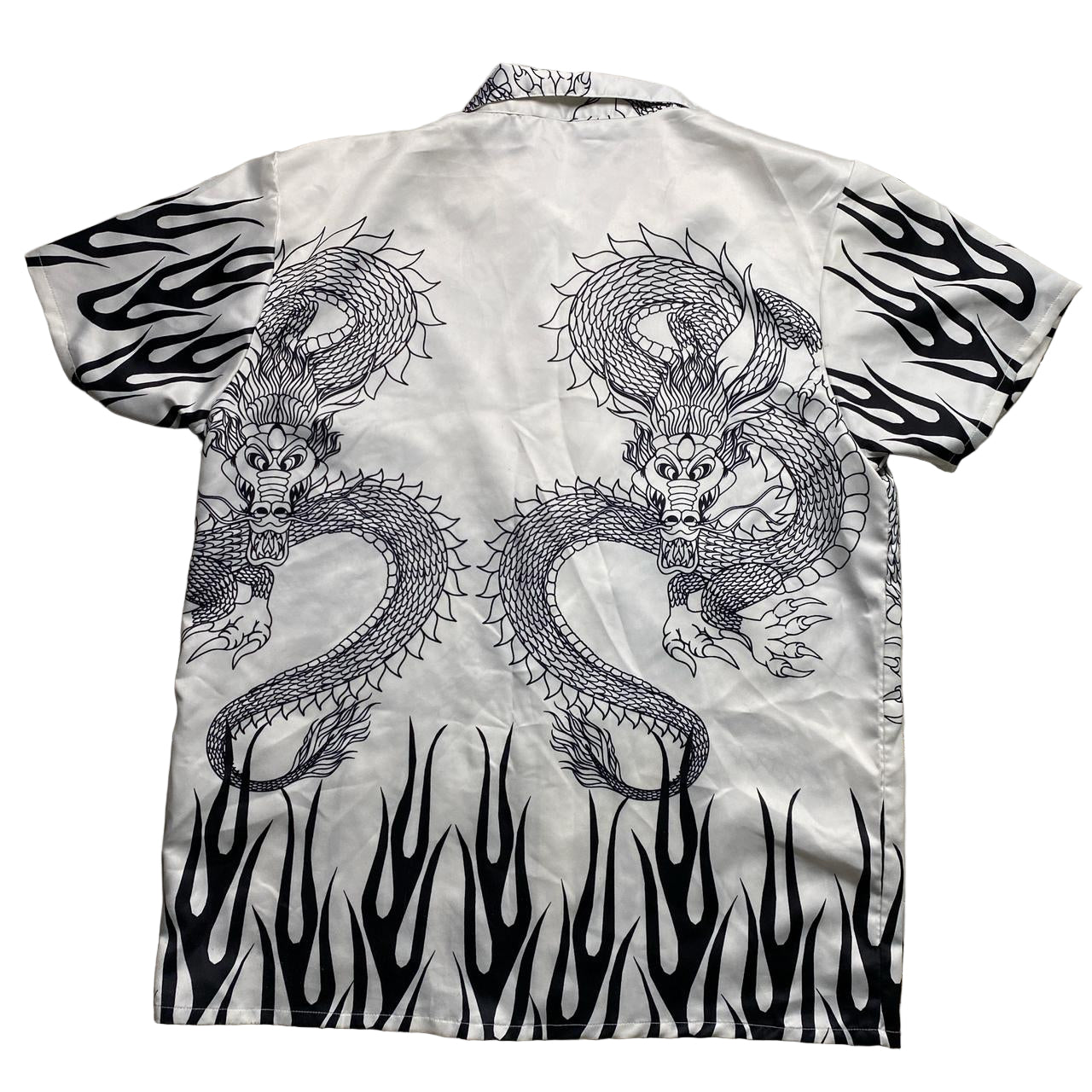 Y2K Dragon and Flames White and Black Silk Shirt (XL)