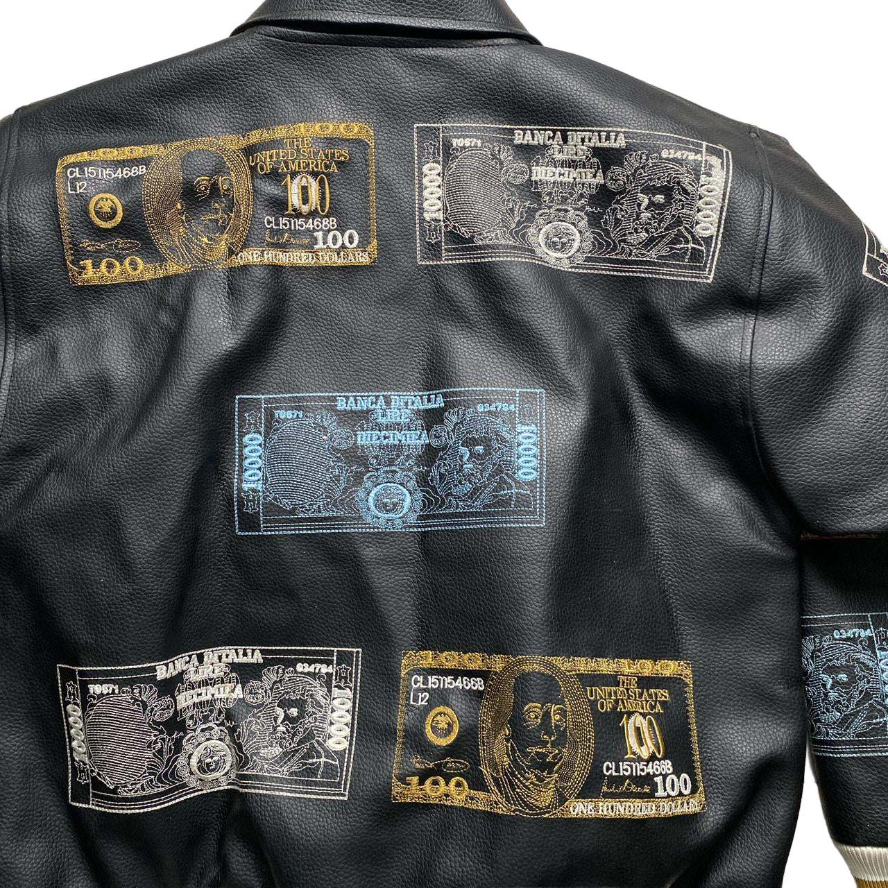 Raw Blue Dollar Bill and Italian Money Embroidery Leather Vintage Bomber Jacket (M)