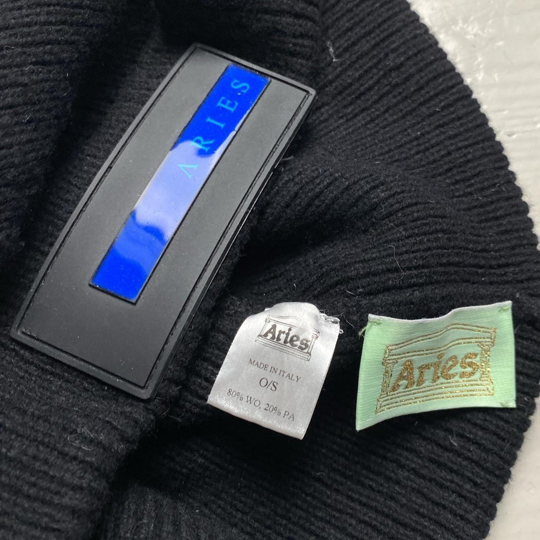 Aries Rubber Patch Black and Blue Strip Beanie Hat
