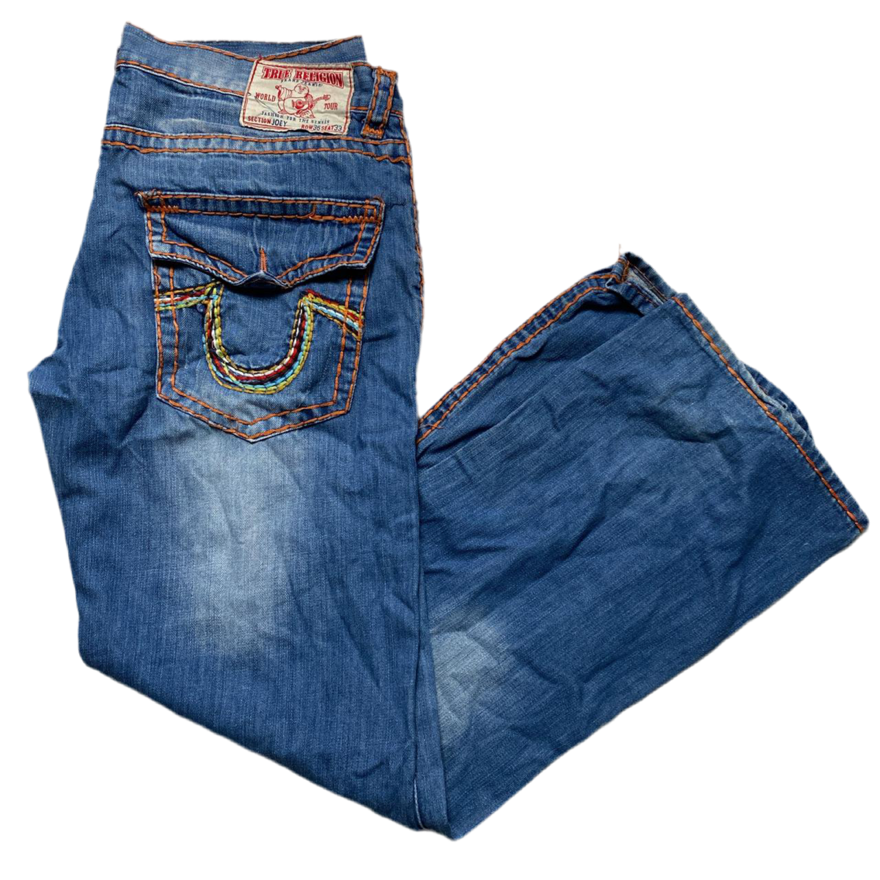 True Religion Joey Rainbow Stitch Orange and Blue Jeans (38W)
