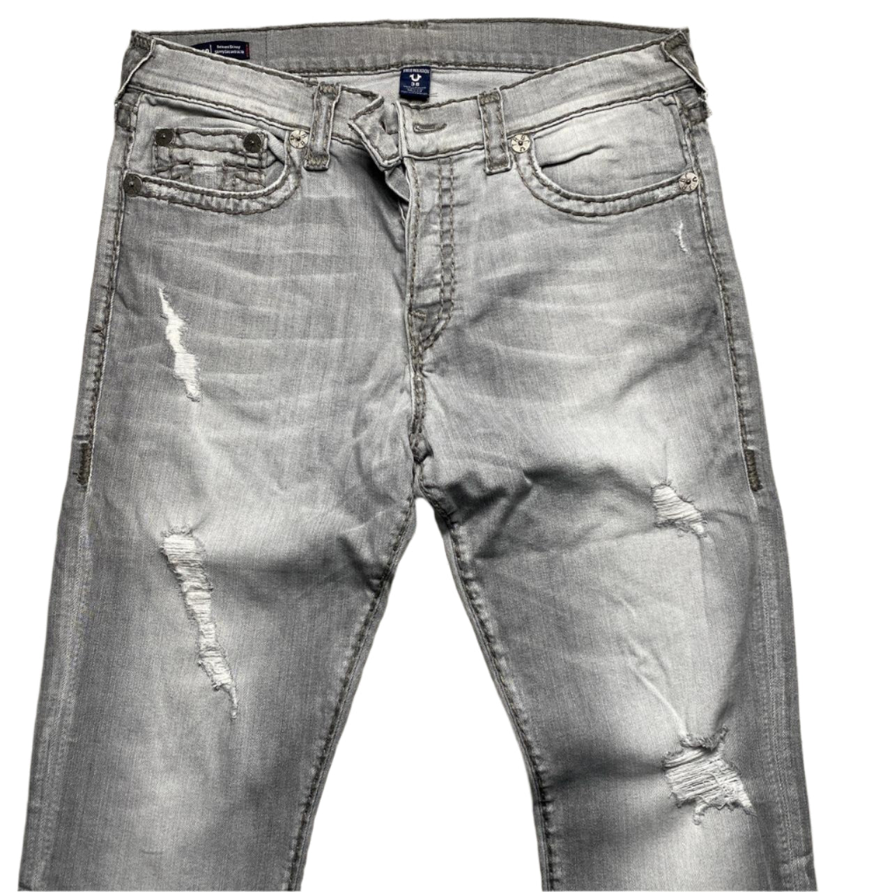 True Religion Rocco Distressed Light Grey Stitch Jeans (36W)