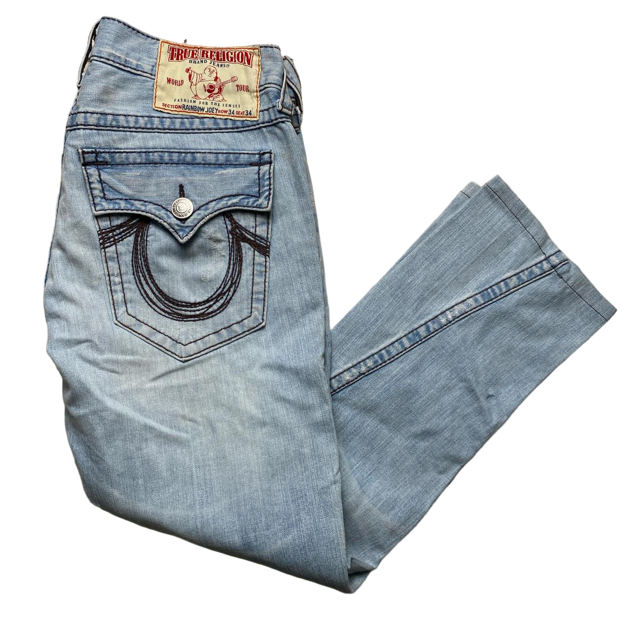 True Religion Light Blue and Brown Stitch Rainbow Joey Jeans (34W)