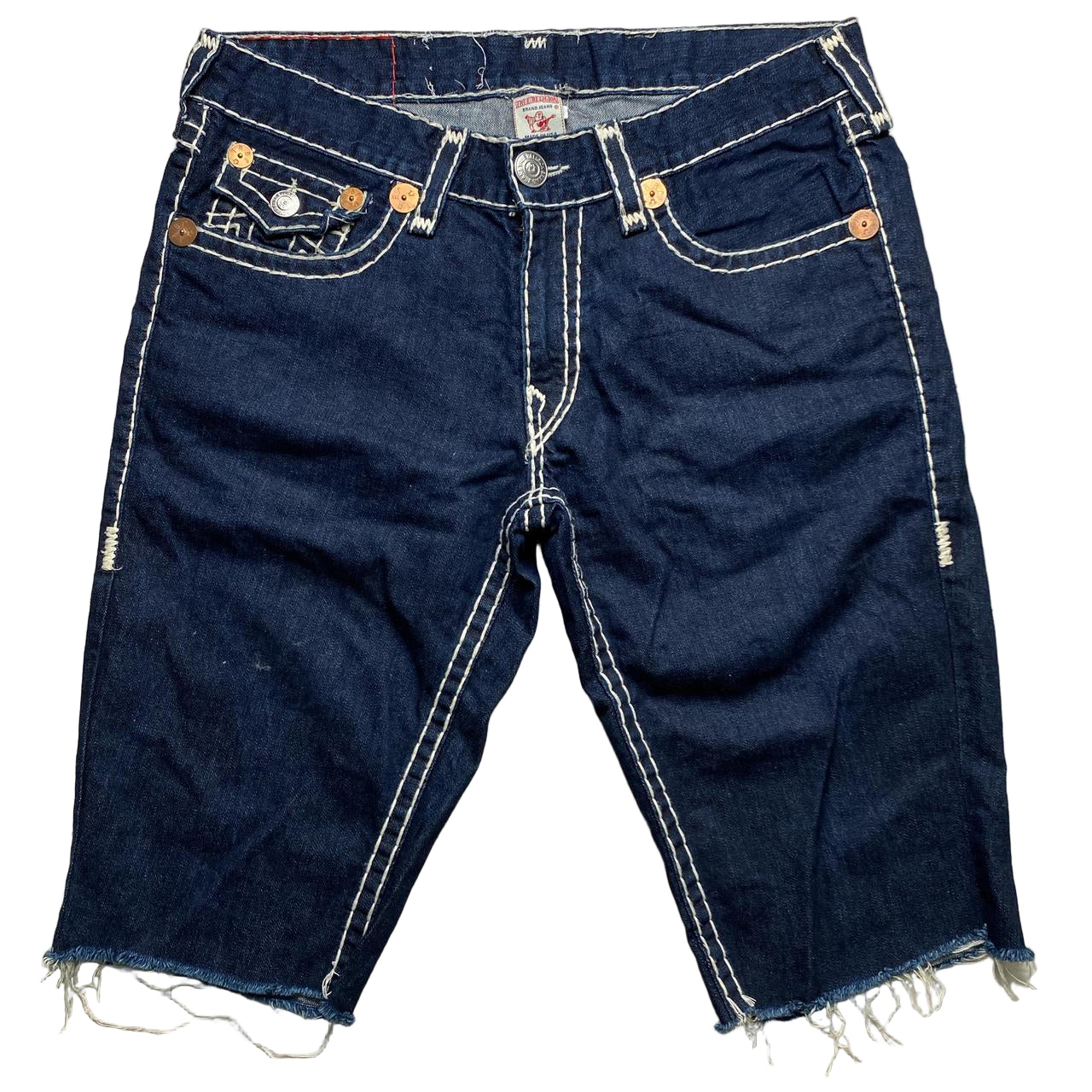 True Religion Ricky Super T Big Stitch Navy and White Jorts Cut Down Jean Shorts (36W)