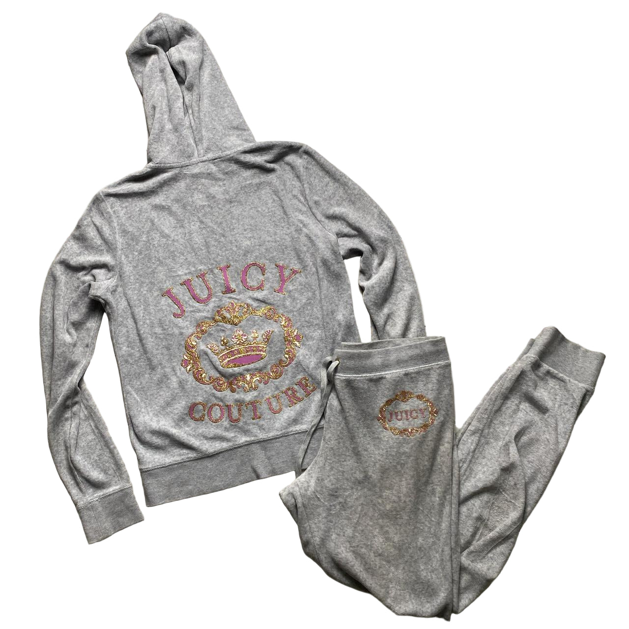 Juicy Couture Grey and Pink Velour Tracksuit (S)