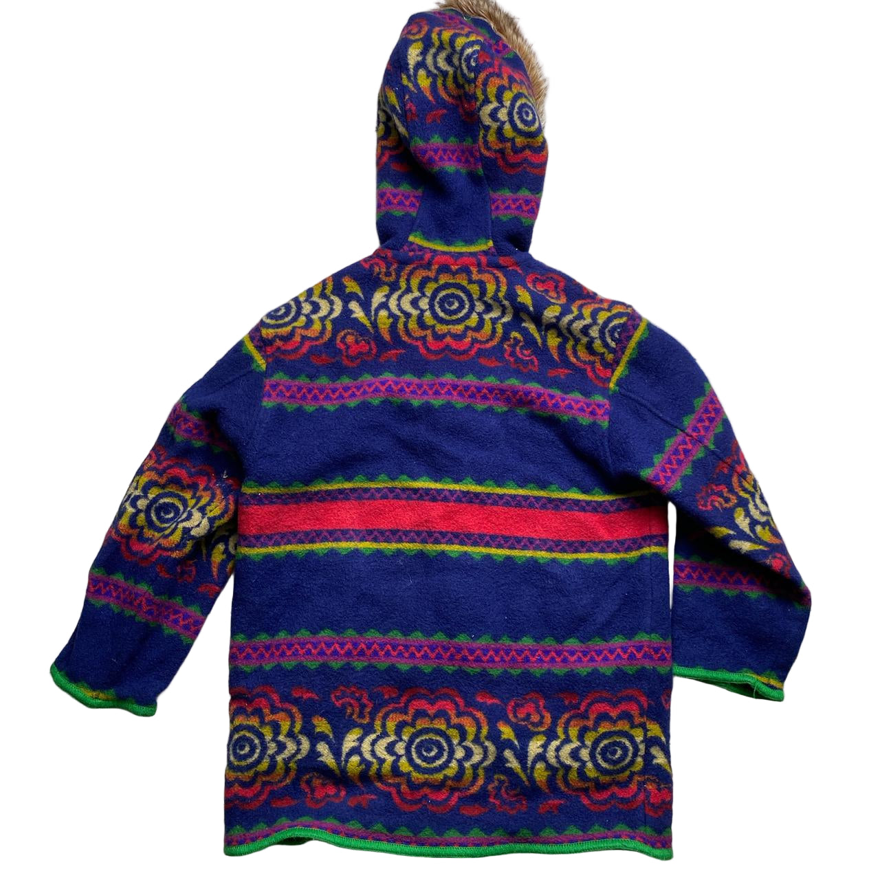 United Colours of Benetton Vintage Wool Floral Multi Colour Rug Design Hooded Fur Trim Parka (M)