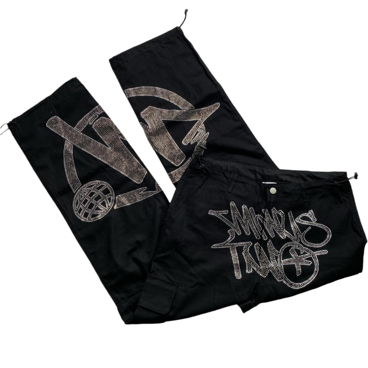 Minus Two Rhinestone Diamante Silver Black Cargo Trousers (XL)
