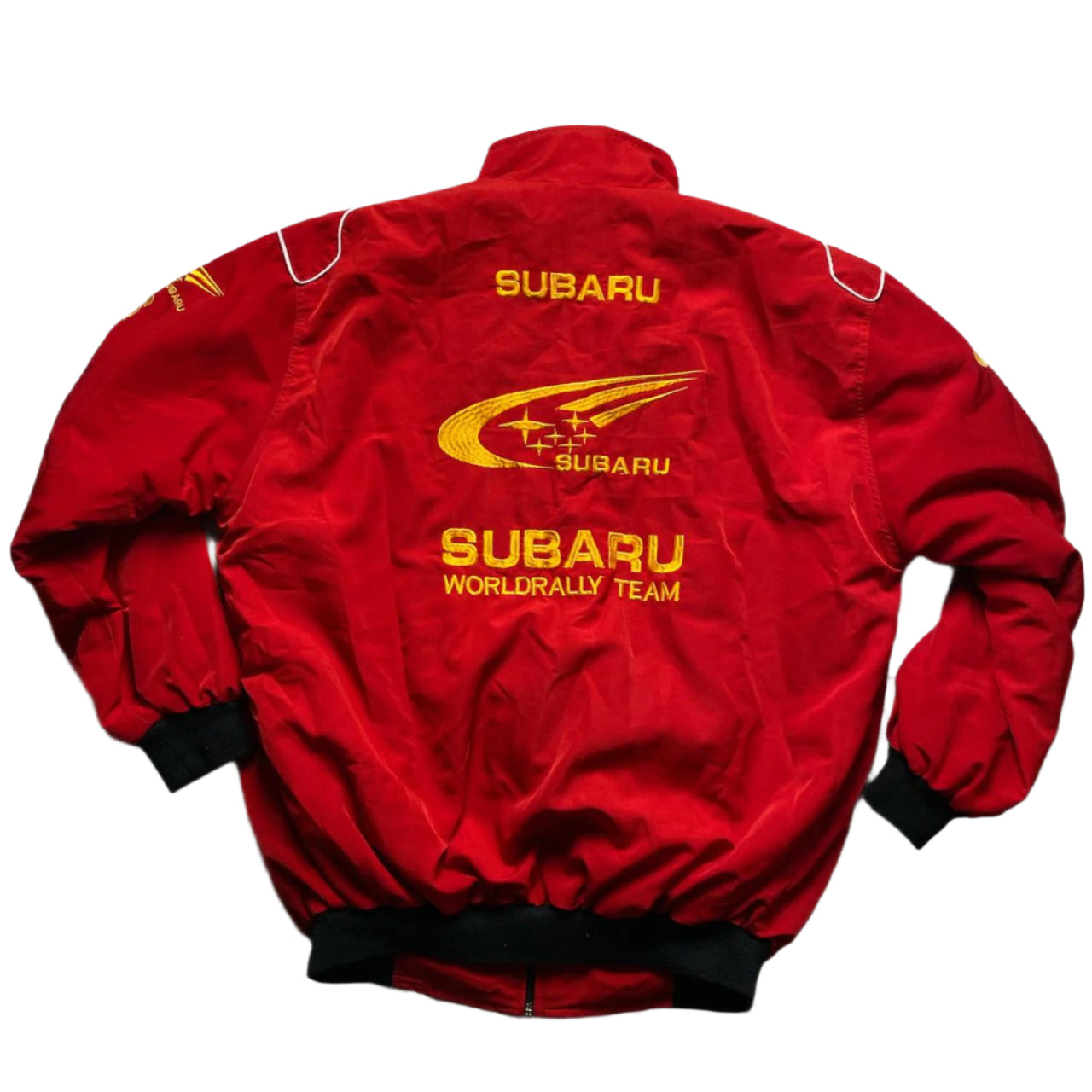 Subaru Rally Team Red and Yellow Vintage Bomber Jacket (L)