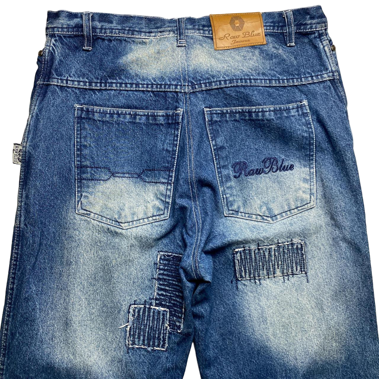 Raw Blue Vintage Baggy Patchwork Stonewashed Blue Jeans (34W)