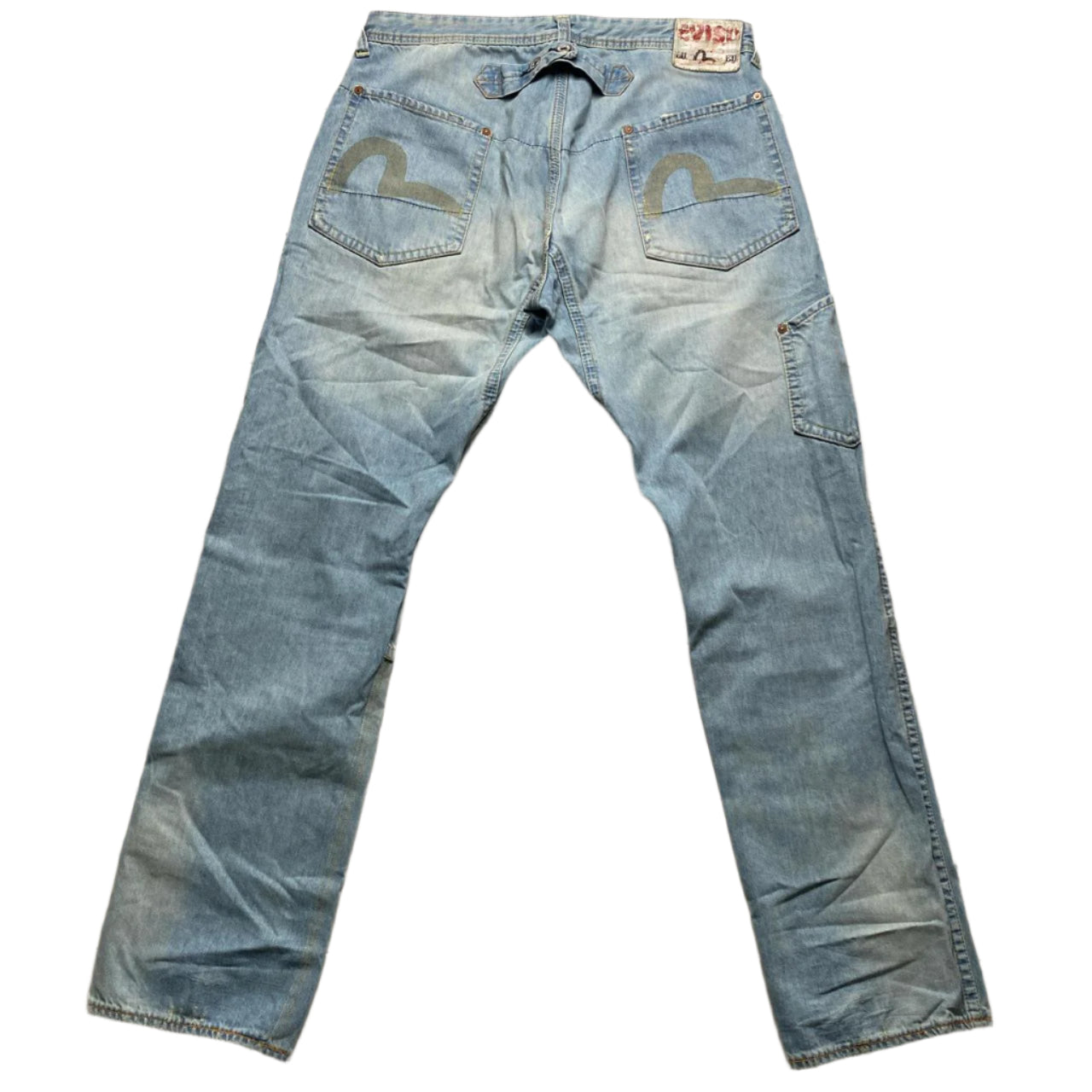 Evisu Baggy Cargo Jeans Light Blue with Cream Daicock Swoosh (34W)