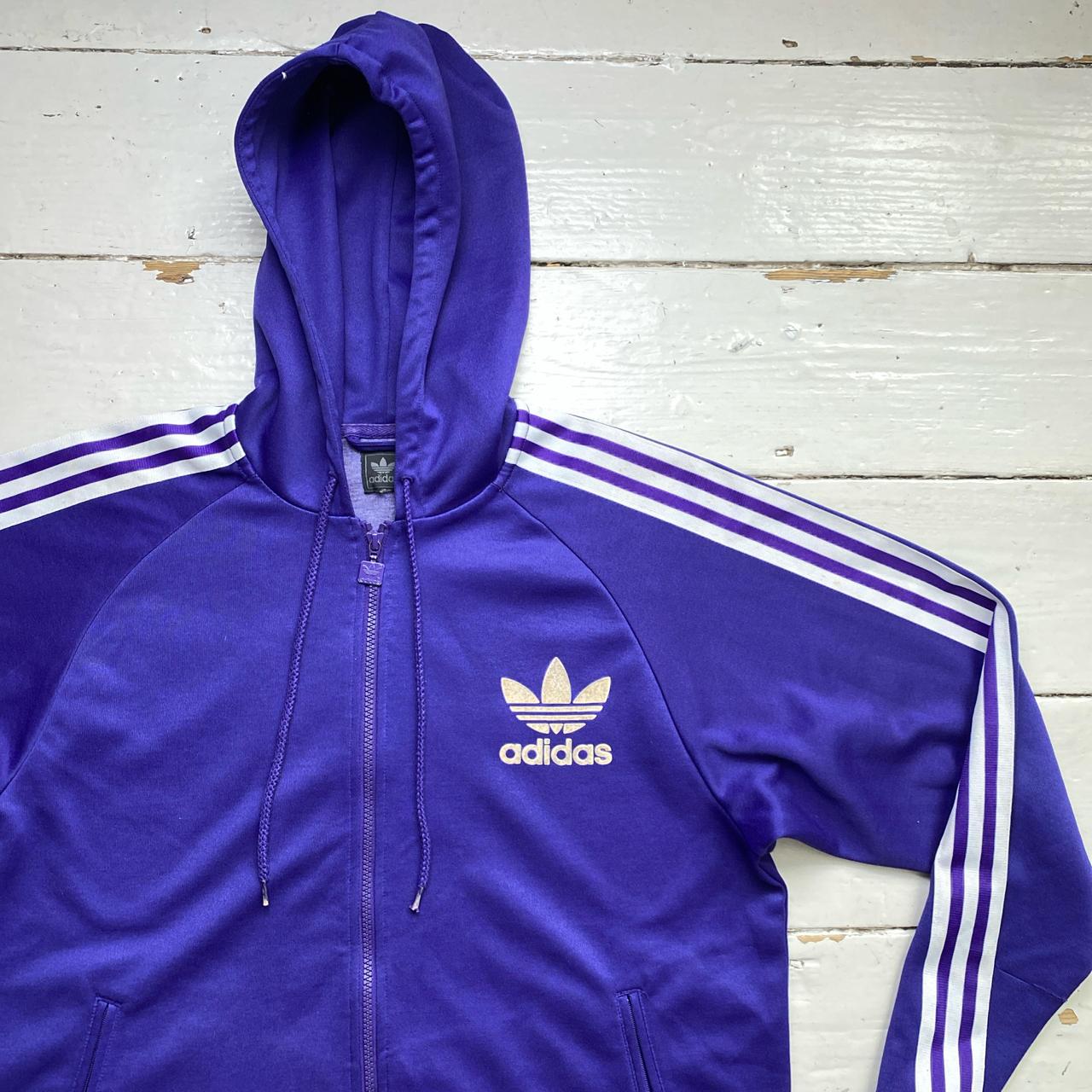 Adidas Purple and White Stripe Zip Hoodie