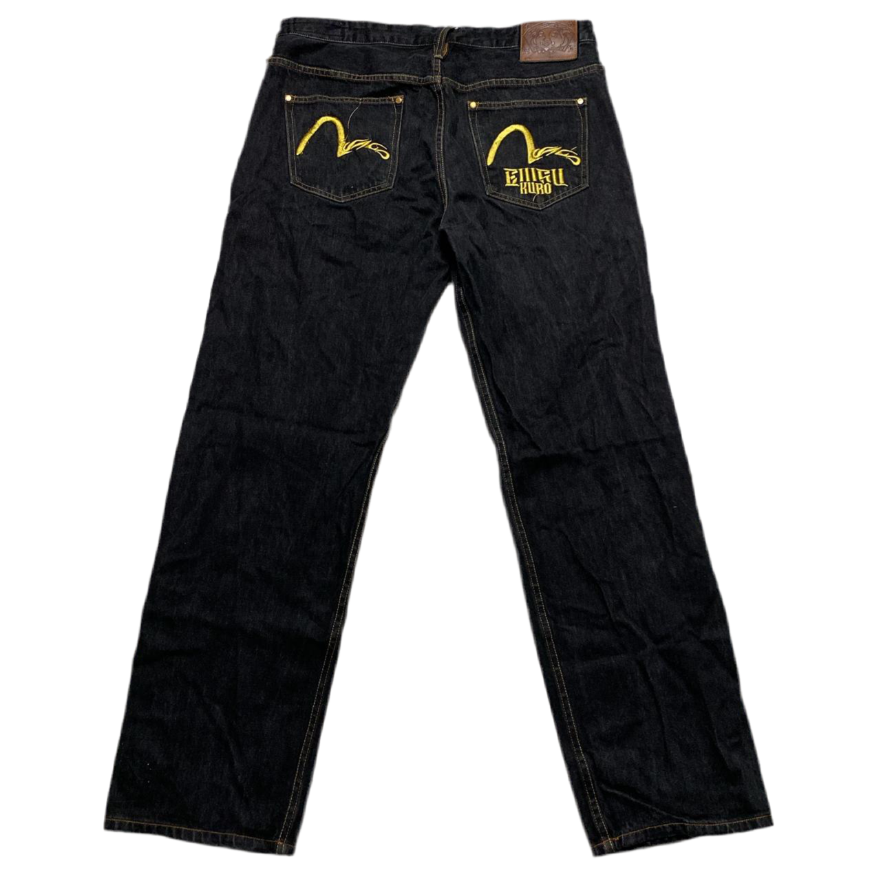 Evisu Kuro Indigo Dark Black Denim and Yellow Embroidered Swoosh Jeans (W 38)