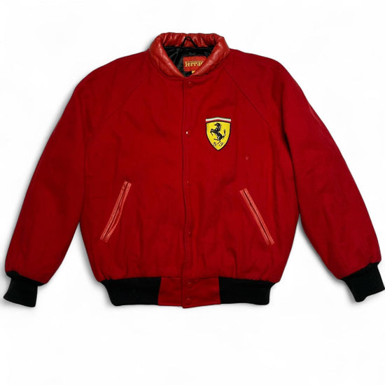 Ferrari Vintage 90’s y2k Leather Trim Cotton Bomber Varsity Jacket Red and Yellow Embroidery (S)