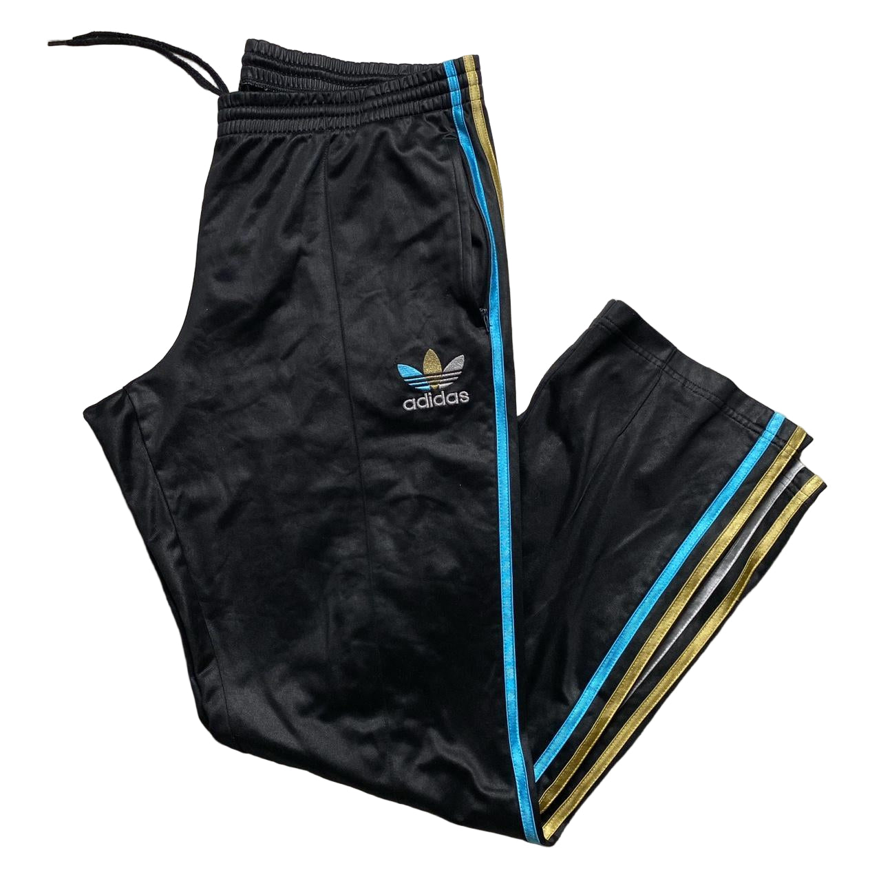 Adidas Chile 62 Vintage Satin Black Gold Silver and Blue Stripes Bottoms (L)
