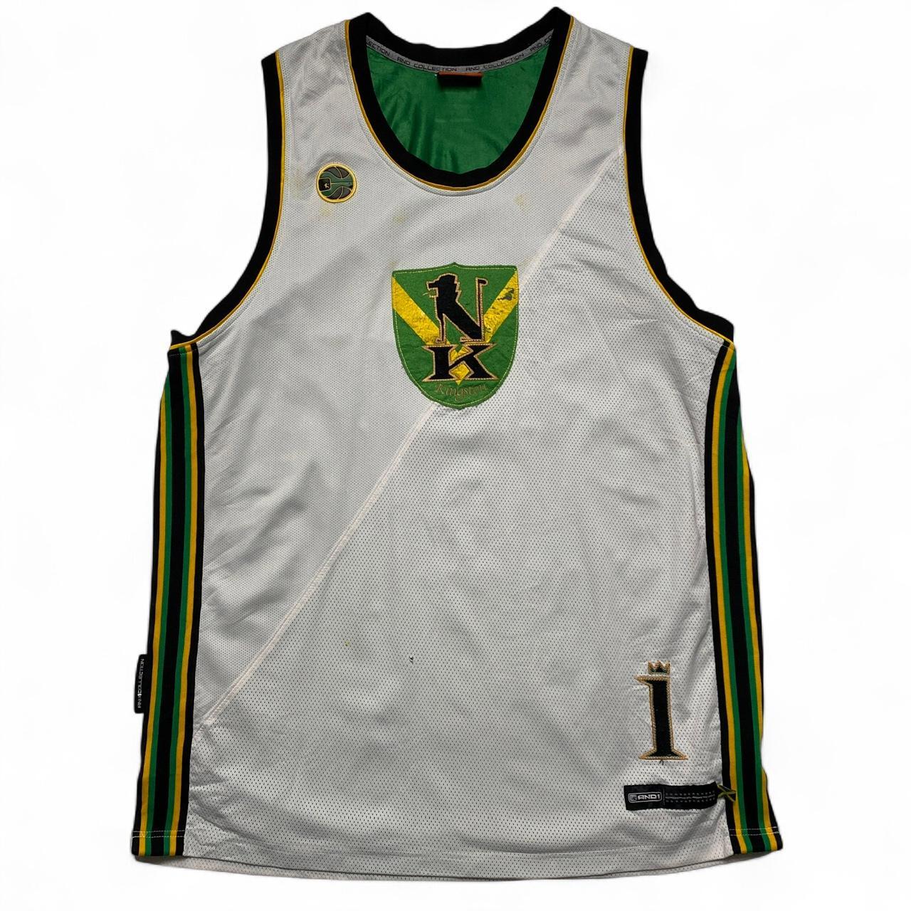And1 Vintage y2k Kingston Jamaica Basketball Vest Jersey White Black Yellow and Green (XL)
