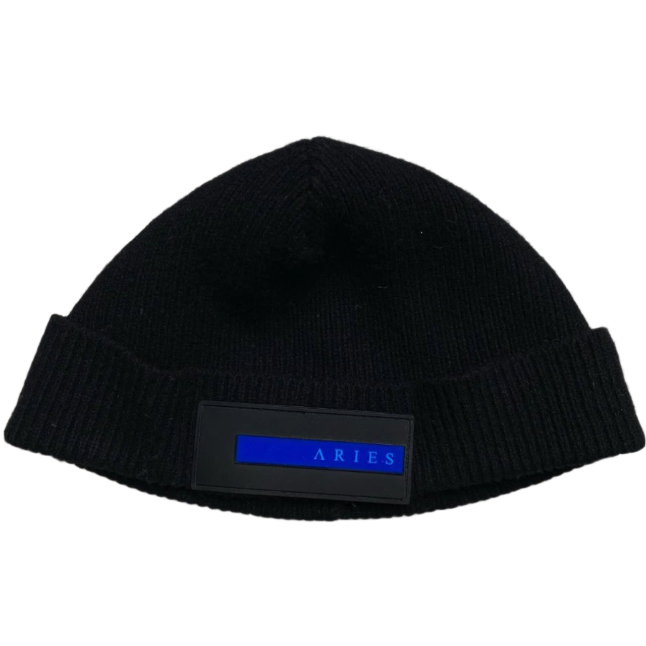 Aries Rubber Patch Black and Blue Strip Beanie Hat