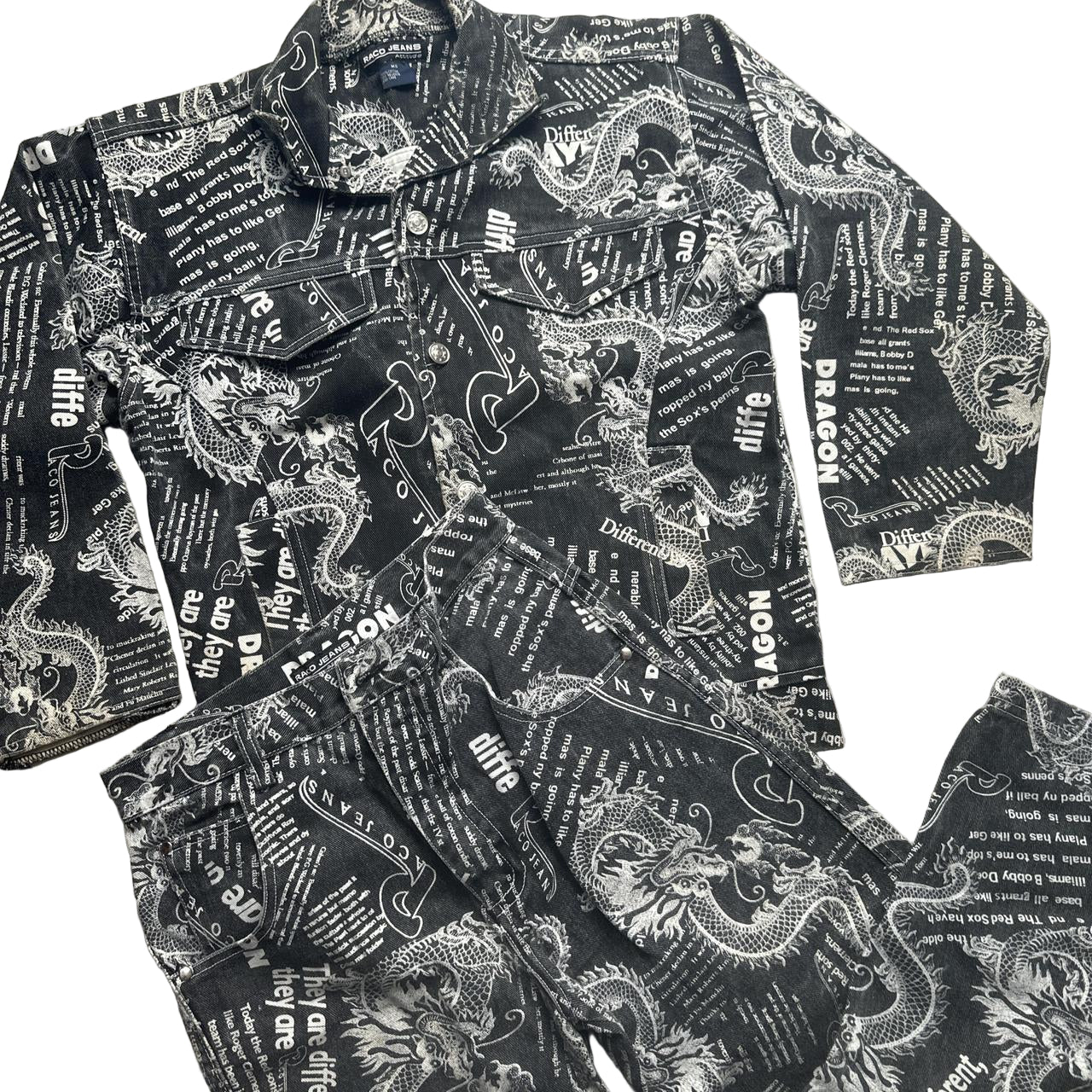 Raco Jeans Vintage 90’s Dragon Newspaper Transcript Denim Suit Jacket and Jeans (WOMEN.S)