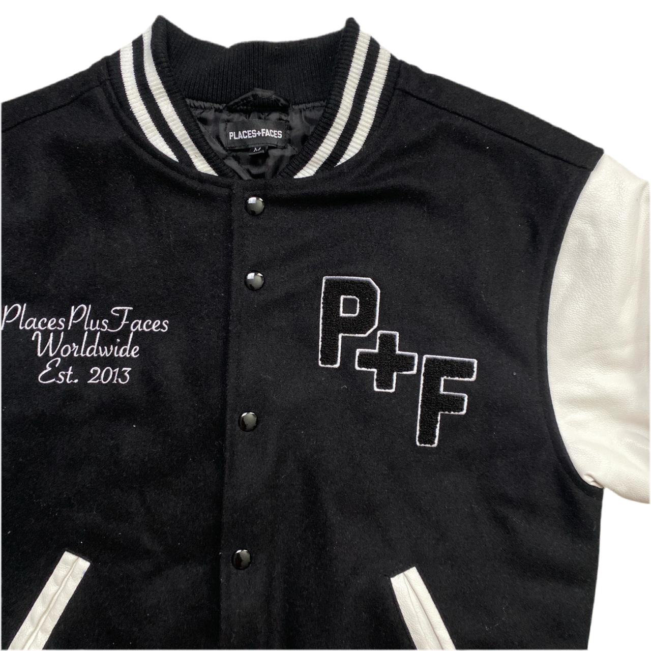 Places and Faces Black and White Varsity Bomber Jacket (M)
