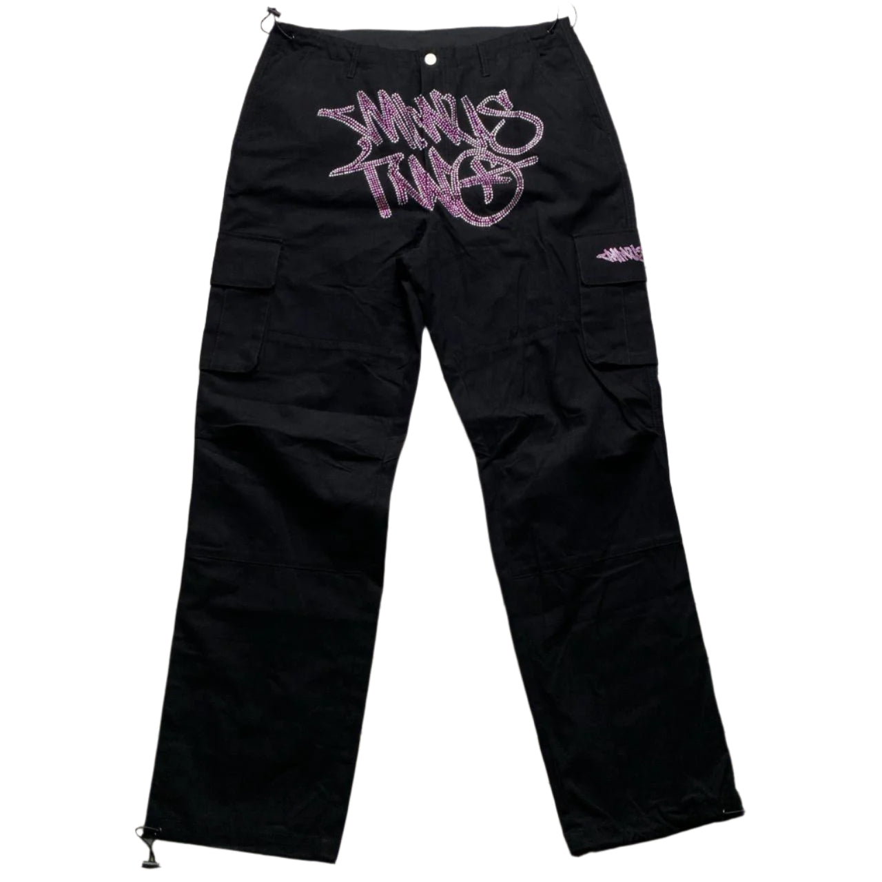Minus Two Diamante Rhinestone Pink and Silver Black Cargo Trousers (XL)