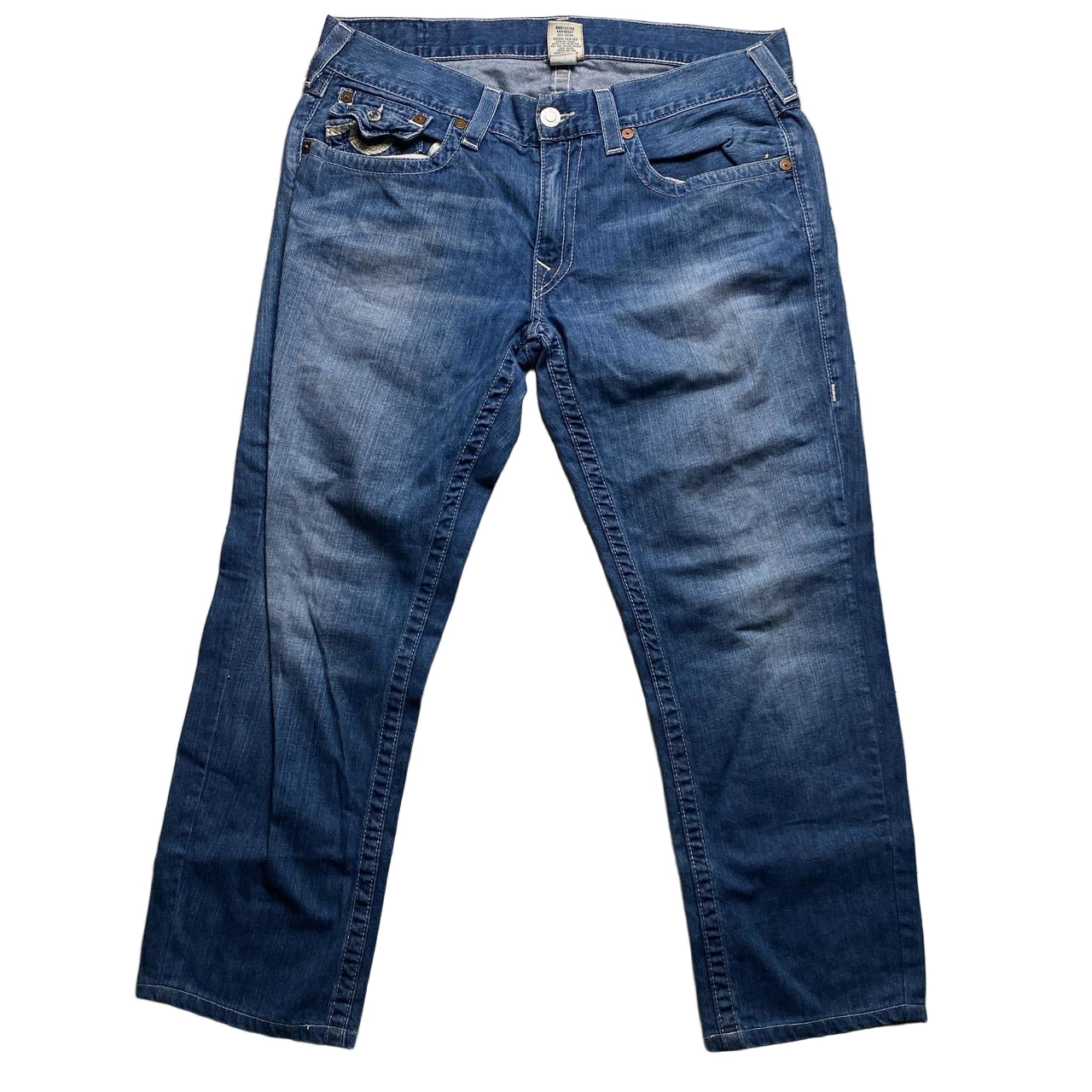 True Religion Blue and White Stitch Straight Baggy Jeans (36W)