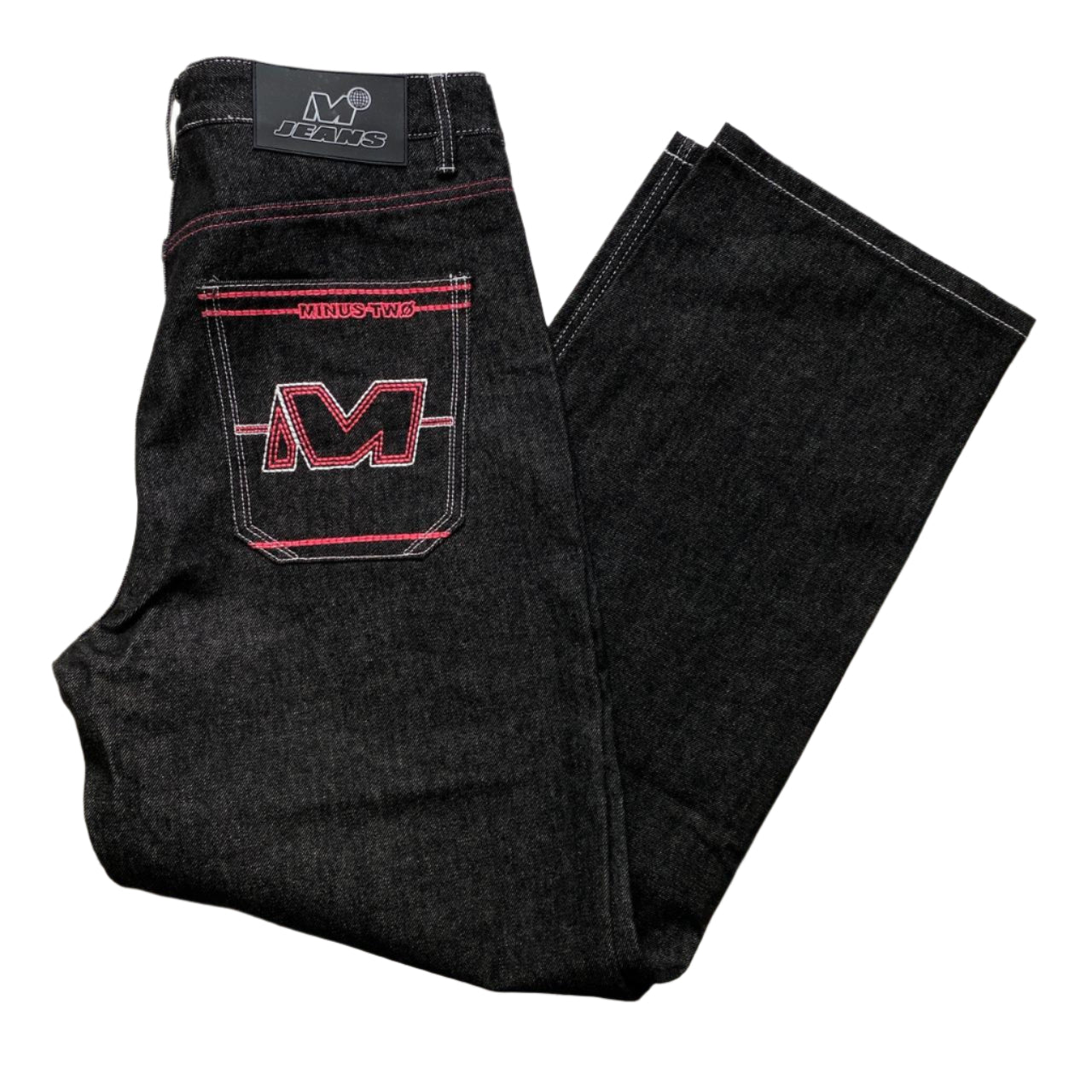 Minus Two Dark Grey Pink Embroidery Baggy Jeans (36W)