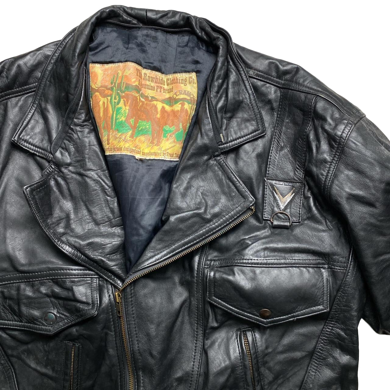 Frank Thomas Rawhide Clothing Co Black Leather Bomber Jacket (XL)