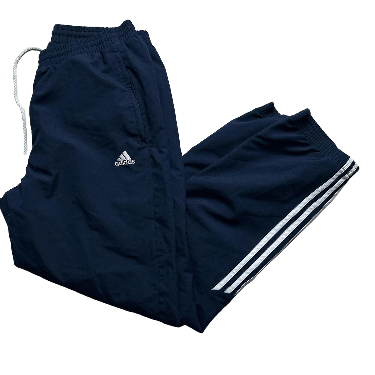 Adidas Navy and White Stripe Shell Baggy Track Pants Bottoms (L)