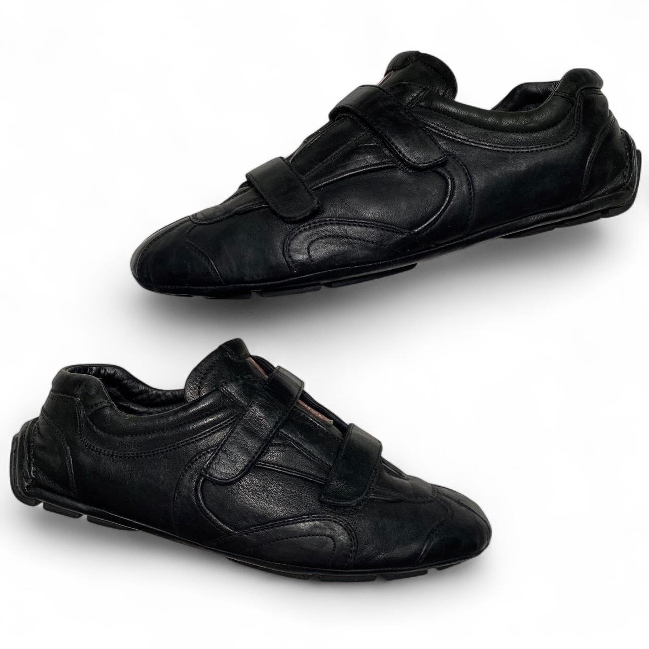Prada Strap Leather Driving Loafer Shoes Black and Red Tab (UK 10)