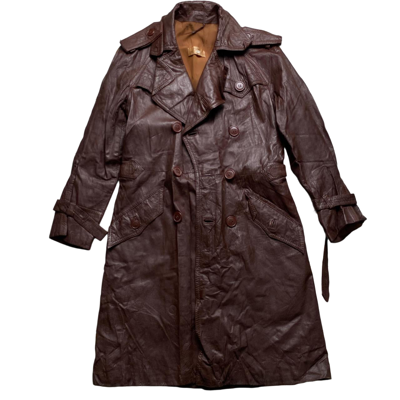 Vintage Brown Leather Spanish Trench Long Coat (S)