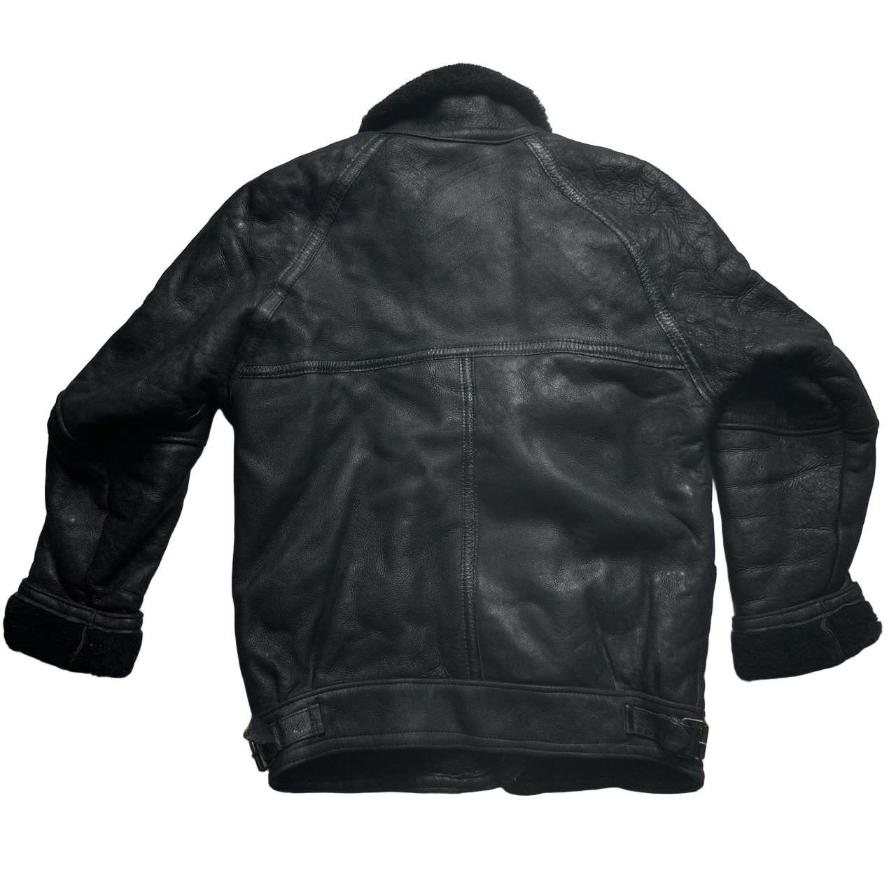 Real Sheepskin Sherling Leather Duffle Bomber Coat Black (L)
